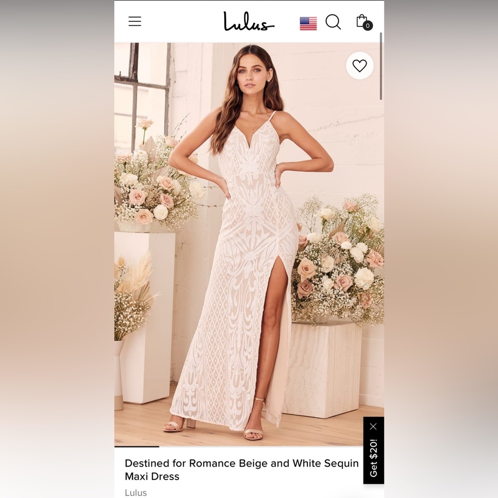 Lulu's Ivory and Beige Sequin Maxi Dress with Thigh Slit